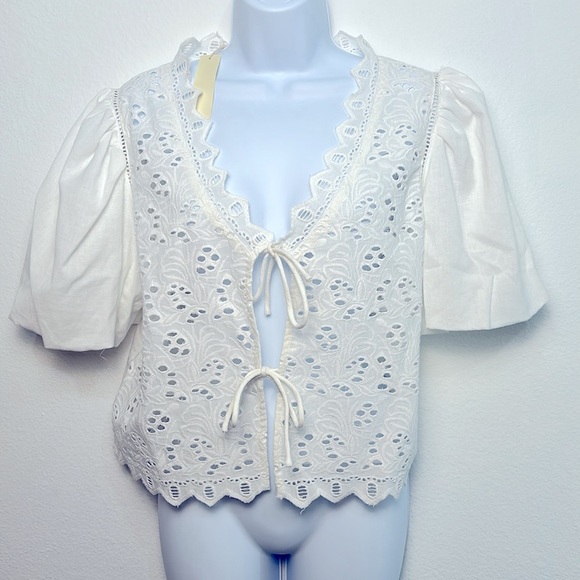 Calypso St. Barth White Eyelet Puff Sleeve Crop Cotton Blouse Tie Top Medium - Picture 10 of 10